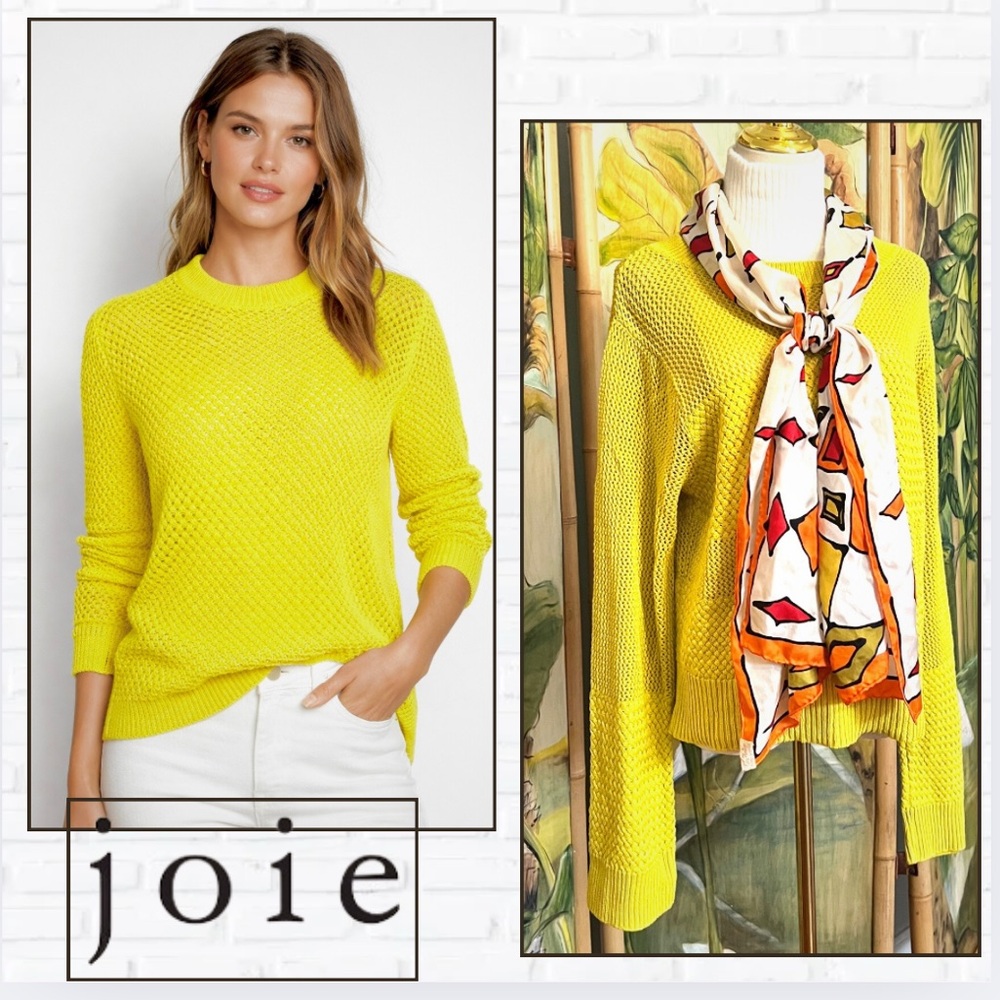 Joie, Lux Chartreuse-Yellow Cotton Textured Open Knit Sweater, Stunning,Size L